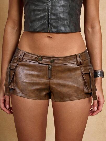 SHEIN BAE Women's Low Waist Cargo Pocket PU Leather Fashion Shorts