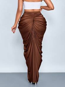 SOLERSUN Fustă de damă de mărime mare, model faii și de iarnă, culoare solidă, cu adunări, încrețite, din pânză de toamnă pentru femei, design Cocoon Wrap, fustă metalică, decorațiune Muse, plisată, geantă de șold, maro, tricotat, material cocktail, asociată cu fustă de întâlnire - cafea maro - Vizualizare 2
