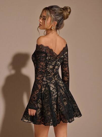SHEIN BAE Black Lace Off Shoulder Bodycon Mini Dress, Elegant Sexy Women's Long Sleeve Lace Dress, Black Lace Dress, Elegant Little Black Dress,Valentine's Day,Valentine Outfits For Women