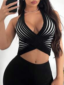 SHEIN SXY Sexy Casual Elegant Black And White Striped Cropped Knitted Top For Women,Halter Tops