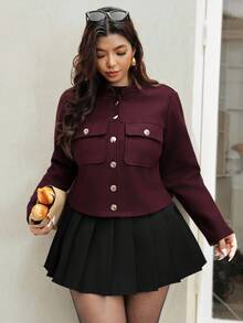 Vionelle 秋冬大码勃艮第红前口袋夹克 - 酒紅色 - 查看 6