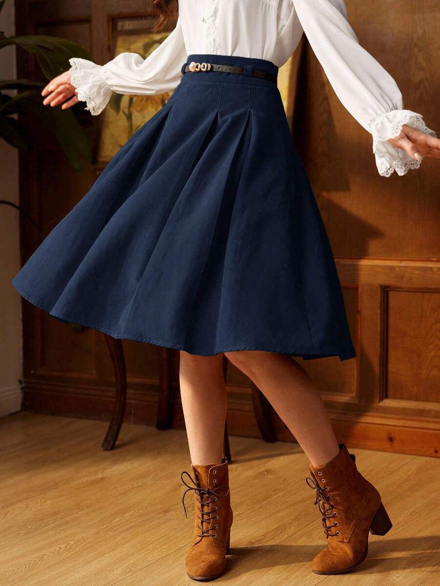 Vintamour 复古优雅的女士褶皱 A 字裙，配腰带，棕色，适合工作或休闲场合，返校服装秋装秋装教师服装冬季女士复古服装卡其色裙子返校节裙子短款栗色 - 藏蓝色 - 查看 1