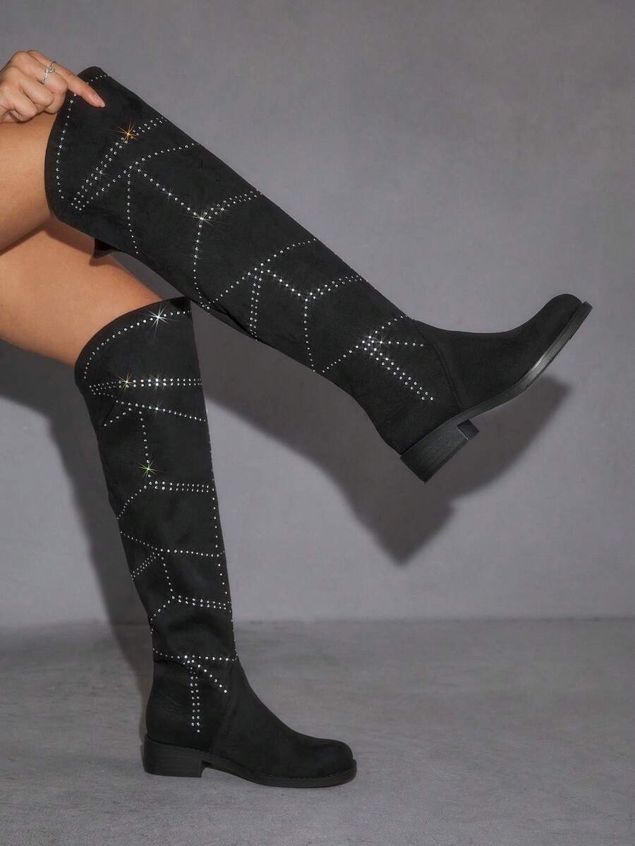 CUCCOO SZL 女式黑色天鹅绒水钻厚底时尚舒适平底过膝靴，秋冬