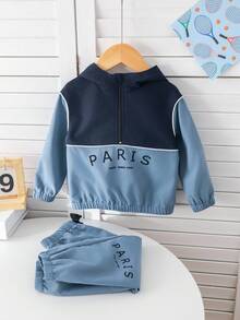 SHEIN Bộ Hai Món Bé Trai Bé Gái In Chữ Màu Khối Có Mũ Và Quần Thể Thao - Màu xanh lam - Xem 6