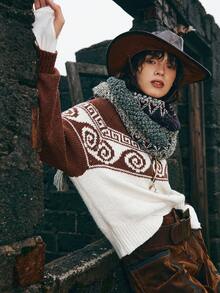 Bohemela 女式拼色复古提花休闲插肩袖时尚费尔岛针织套头衫秋冬 - 杏色 - 查看 3