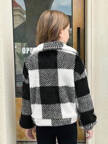 SHEIN 青少年女孩休闲学院风双面泰迪羊毛格子领扣式长袖短款厚夹克，女童夹克秋冬女装 - 黑與白 - 查看 9