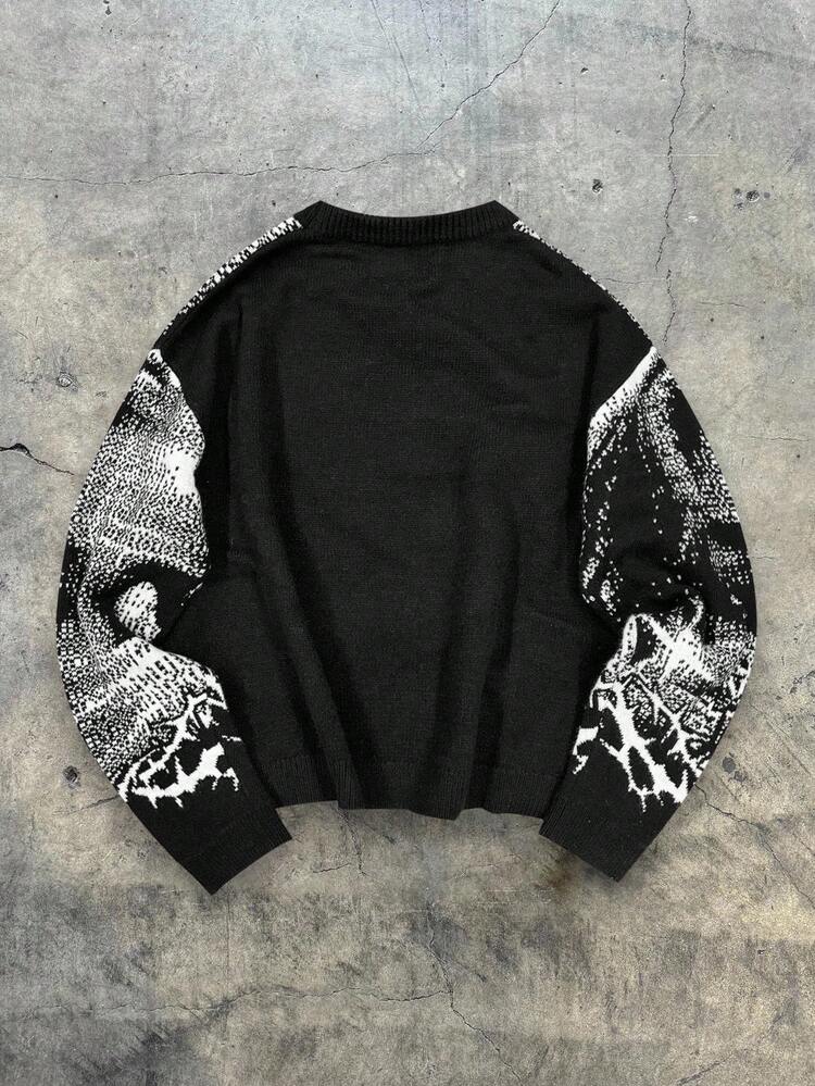 AXEPEAK Men's Portrait Print Crew Neck Casual Long Sleeve Pullover Sweater, For Fall Winter - Multicolor - View 2