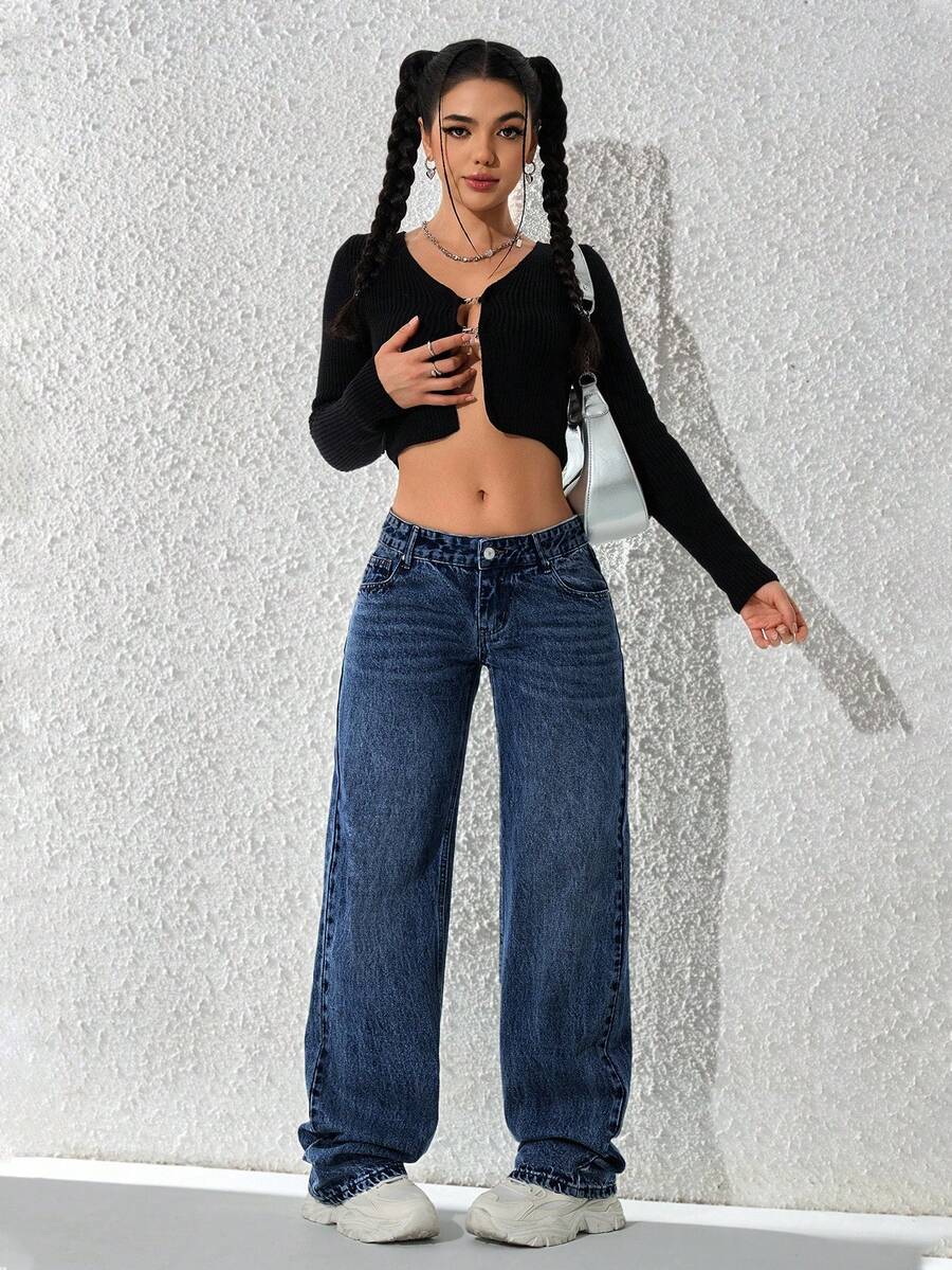 SHEIN ICON Women's Pocket Loose Wide Leg Casual Versatile Jeans - Dark Wash - View 1