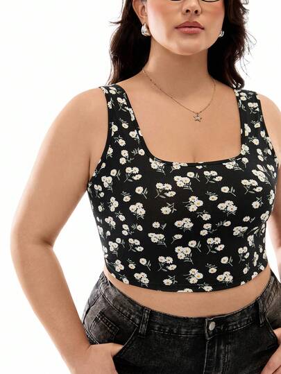 Plus Cottagecore Daisy Floral Crop Tank Top