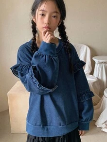 DAZY Tween Girls' Round Neck Drop Shoulder Long Sleeve Ruffle Hem Loose Casual Denim Top