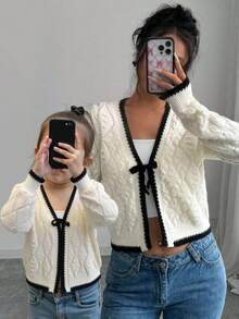 SHEIN Fashionable V-Neck Casual Bow-Tie Cardigan Sweater Jacket For Baby Girl, Versatile, Autumn/Winter