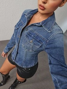 SHEIN Essnce 女式休闲水洗修身牛仔夹克 - 藍色 - 查看 4