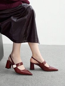CUCCOO BIZCHIC Square Buckle Fashion Comfortable Commuter Pointed Toe Chunky High Heel Sandals - Burgundy - View 5
