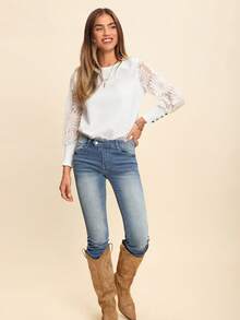 Coeurva 女蕾絲袖白色華夫格上衣 - 白色 - 查看 4