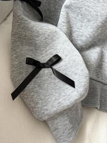 SHEIN 少女优雅可爱3D蝴蝶结领拉链保暖针织连帽外套，秋冬 - 灰色 - 查看 5