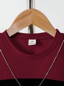 Vacaura Young Boys' Casual Color Block Long Sleeve Round Neck T-Shirt,Sports Style Design Tops For Summer,School,Spring,Autumn,Outdoor Activities,Daily Wear - Burgundy - View 4