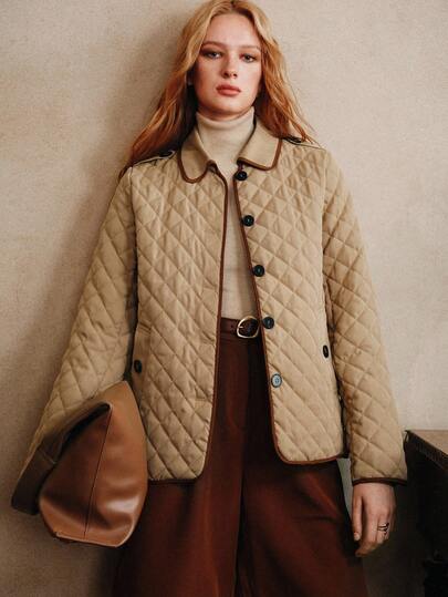 Arave Women's Plaid Quilted H-Shaped Lapel  Contrasting Trim Placket Buttons Contrasting Color Daily Casual Cotton Jacket Fall Clothes For Women Winter Clothes Women's Winter Jacket Casual Outfit For Women