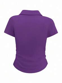 INAWLY Camiseta casual versátil de mujer con cuello polo y manga corta de unicolor - Morado Violeta - Ver 2