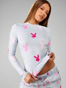 Missguided x Playboy Áo thun dài tay cổ tròn in hình thỏ thời trang thu đông cho nữ - Xám - Xem 3