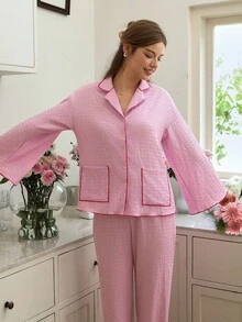 Contrast Binding Flounce Sleeve Top & Pants Lounge Set Outfit, Fall Winter Clothes Cozy And Elegant Details - Pink - View 7