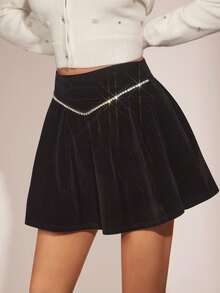 Enchnt 秋冬浪漫女士黑色华丽丝绒闪亮水钻装饰可爱迷你裙，时尚优雅，适合派对、约会、节日、毕业典礼、外出、万圣节、圣诞节、秋季、新年等场合。 - 黑色 - 查看 5