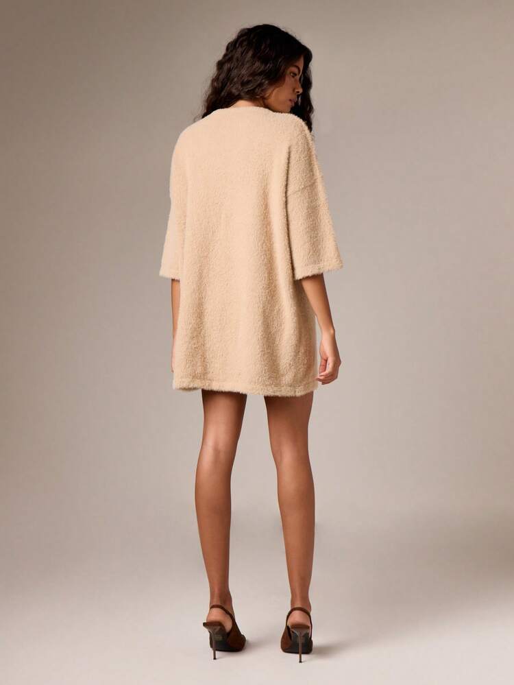 Oversized Teddy Knit Mini Dress With Short Sleeves