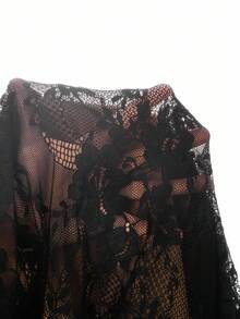 SHEIN Clasi 女式圆领长袖蕾丝腰修身紧身黑色优雅中长连衣裙，适合日常穿着、派对、度假、秋冬 - 黑色 - 查看 8