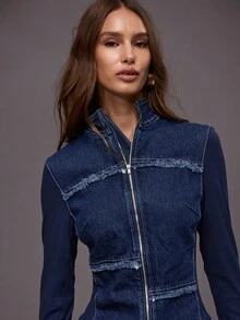 MUSERA 修身牛仔拉链夹克，前片做旧处理，针织袖，适合秋冬季夜间外出、街头风、可爱返校季、性感休闲风、春夏穿着。 - 深色水洗藍 - 查看 2