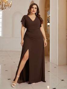 SHEIN Belle Plus Size Overlap Collar Waist Ruched Hem Slit Chiffon Dress - Coffee Brown - View 7
