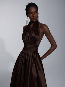 Elitara Elegant, Romantic, Minimalist, Fashionable, Dignified, Olive Green, Knitted Fabric, Halter Neck, Open Back, Extra-Large Skirt, Trailing, Fashionable, Internet Celebrity, Holiday, Vacation, Birthday Party, Wedding Event, Formal Evening Gown