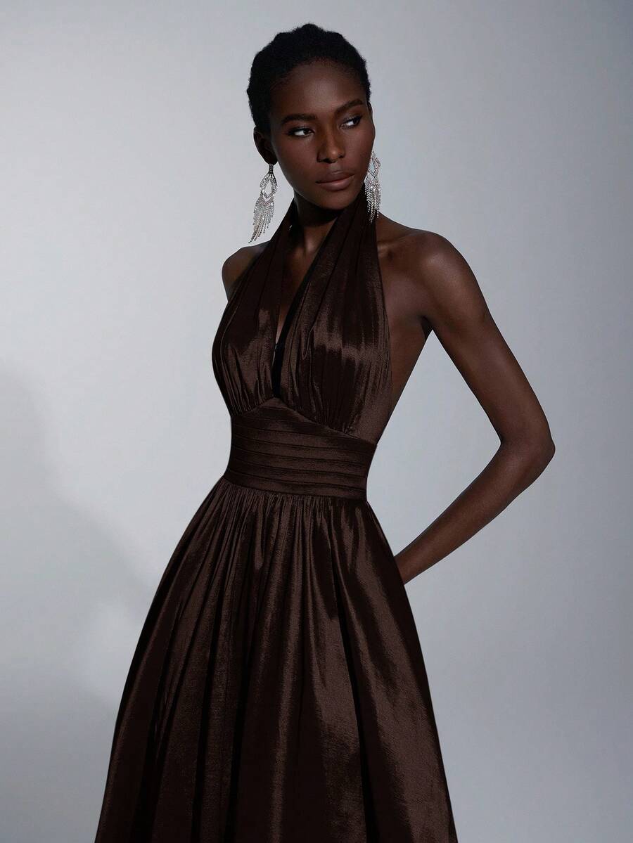 Elitara Elegant, Romantic, Minimalist, Fashionable, Dignified, Olive Green, Knitted Fabric, Halter Neck, Open Back, Extra-Large Skirt, Trailing, Fashionable, Internet Celebrity, Holiday, Vacation, Birthday Party, Wedding Event, Formal Evening Gown