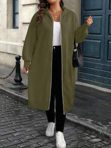 EMERY ROSE 大码休闲街头宽松拉链连帽长袖夹克，适合日常穿着 - 軍綠色 - 查看 6