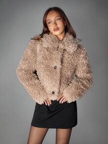 SHEIN ICON 女式都市时尚卡其色仿毛领羊毛混纺夹克，秋冬 - 卡其色 - 查看 5