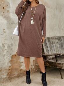 Plus Size Casual Fitted Round Neck Knit Dress For Women - Brown - View 6