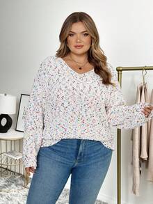 SHEIN CURVE+ Áo len chui đầu cổ chữ V nhiều màu sắc họa tiết lông xù cỡ lớn dành cho nữ, mùa thu/đông - trắng - Xem 5