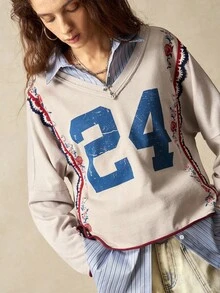 Bohemela 女士休闲拼接V领长袖宽松T恤 - 杏色 - 查看 3