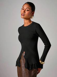 COSMINA 女式优雅喇叭袖蕾丝拼布圆领针织上衣，秋冬 - 黑色 - 查看 6