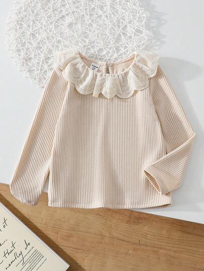 Apricot Lace Collar Long Sleeve Knit T-Shirt, Elegant Outdoor Casual Wear, Suitable For Autumn/Winter