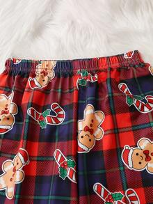 适合青少年女孩的可爱姜饼印花长袖上衣和格子裤睡衣套装，圣诞节礼物 - 彩色 - 查看 5