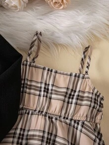 SHEIN Baby Girl & Toddler 2-Piece Plaid Dress And Black Bow Knit Cardigan Set,Elegant Preppy Style Khaki Outfit For Autumn,Family Matching Party Clothing - Multicolor - View 7