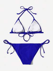 Swim Basics Summer Beach Mono Bikini Set Halter Triangle Bra & Tie Side Bottom 2 Pieces Bikini - Royal Blue - View 2