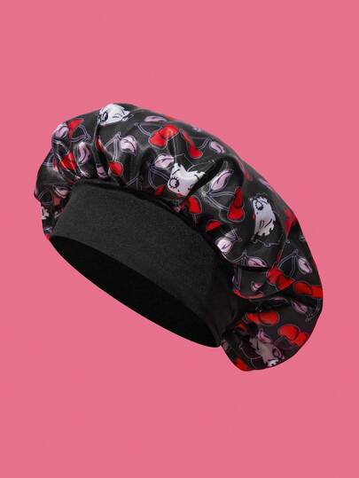 Betty Boop x SHEIN Upgraded Double-Layer Women's Hair Care Cap, Wide Elastic Satin Polka Dot Print Sleep Cap, Soft & Comfortable Black For Daily Home, Sleeping,Cherry,Gift Ideas,Party,Holiday,Valentine's Day