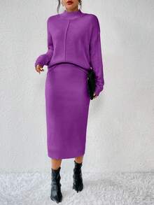 Almamuse 2pcs Set: Casual Stand Collar Long Sleeve Top And Elegant Knit Skirt - Mauve Purple - View 4