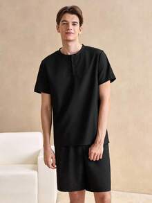 Casual Spring Henry Collar Men's Pajama Set - Black - View 3