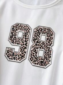 SHEIN T-shirt à manches longues pour adolescentes, col rond en tricot, doublure thermique, imprimé léopard et numéro graphique, blanc, automne/hiver - Blanc - Voir 4