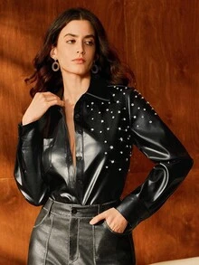 Anewsta Black PU Glossy Elegant Fashion Rhinestone Design Loose Shirt - Black - View 4