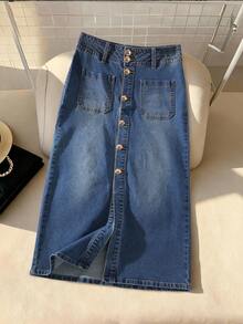 Qadelle Women's Solid Color Pocket Front Button Slit Casual Denim Skirt - Medium Wash - View 1