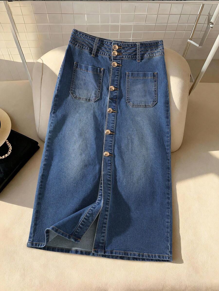 Qadelle Women's Solid Color Pocket Front Button Slit Casual Denim Skirt - Medium Wash - View 1