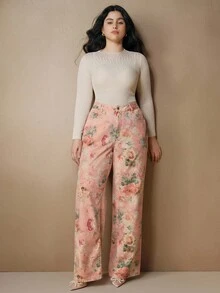 Anewsta Quần jean ống đứng màu hồng in họa tiết cổ điển dành cho nữ - Hồng - Xem 6