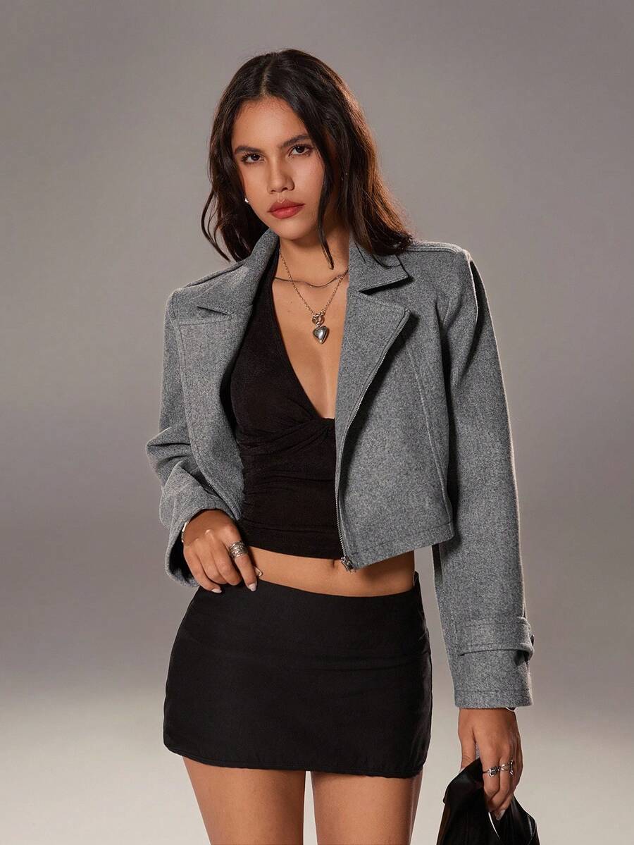 Flirla 1pc Women's Grey Short Jacket With Metal Zipper, Metal Button Decor, Belt, Suitable For Work, Commute, Casual Wear, Autumn - Grey - View 1